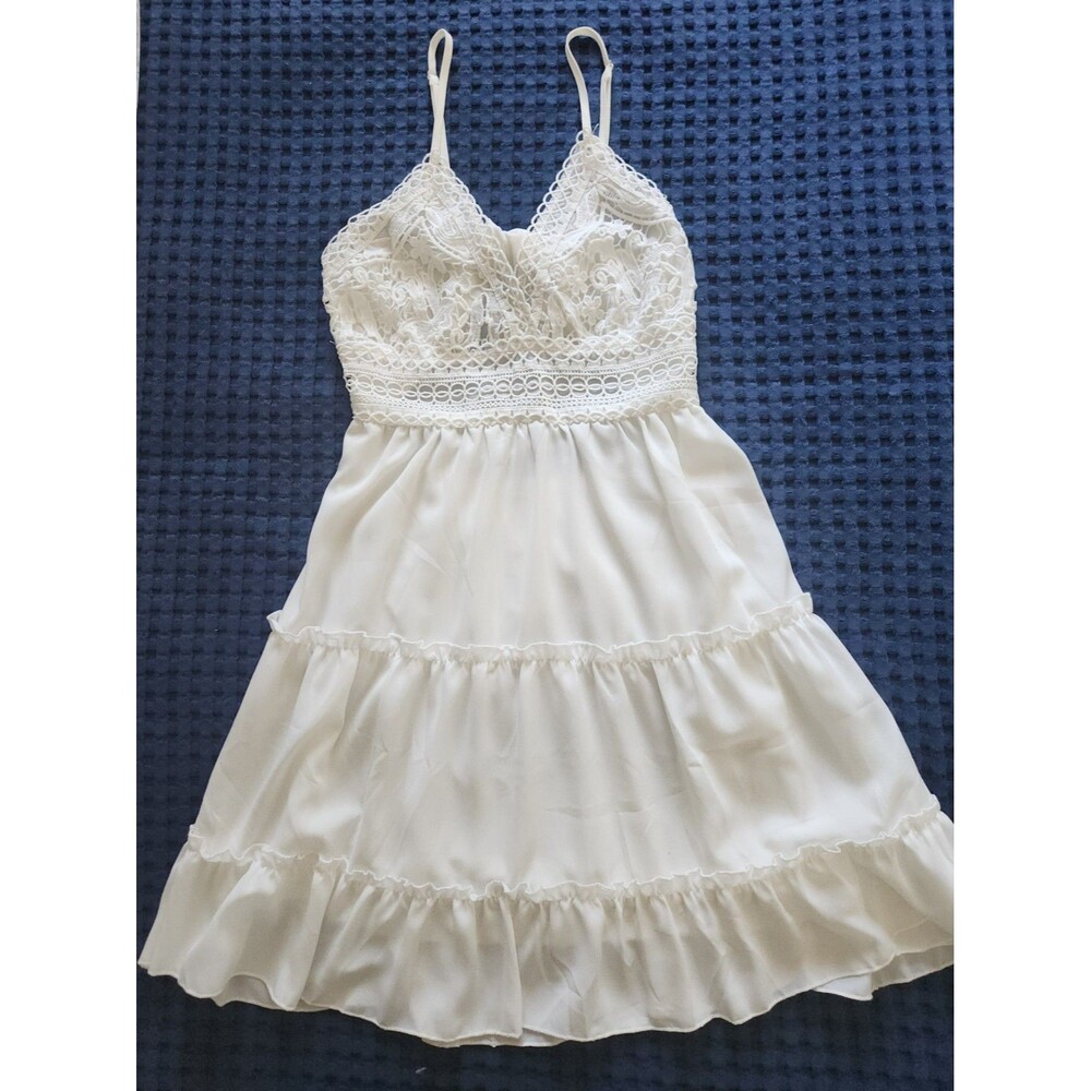 Ecowish White Crochet Lace Tiered Mini Dress Boho Bridal Shower Beach Wedding